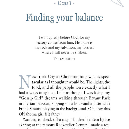 Text page from Day 1 devotional called Finding Your Balance the book He's Still Good by Katie Dietz in the God Hears Her Collection of Our Daily Bread Publishing on a white background with a sketched leaf image in the upper right side of page.