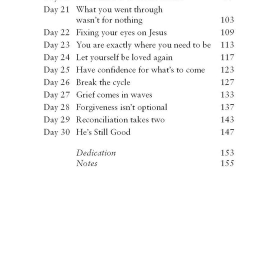 Continuation of table of contents for He's Still Good by Katie Dietz in the God Hears Her Collection of Our Daily Bread Publishing with chapter titles such as "releasing your expectations" and "forgiveness isn't optional" on a white background.