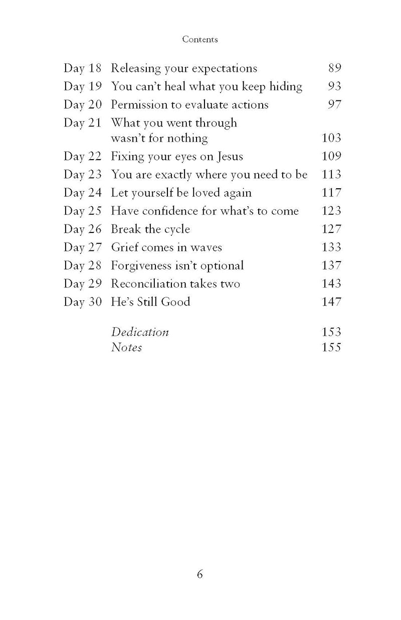 Continuation of table of contents for He's Still Good by Katie Dietz in the God Hears Her Collection of Our Daily Bread Publishing with chapter titles such as "releasing your expectations" and "forgiveness isn't optional" on a white background.