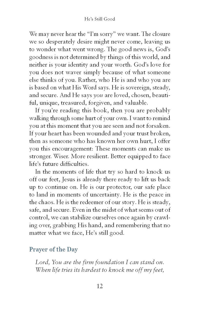 Text page from the book He's Still Good by Katie Dietz in the God Hears Her Collection of Our Daily Bread Publishing on a white background, that includes a prayer at the bottom of the page.