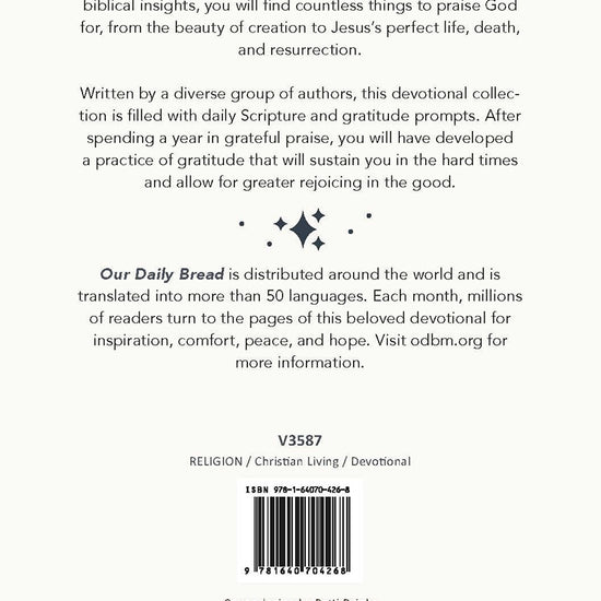 Bookstore temporary back cover of  'Count Your Blessings: 365-Day Devotional" book from Our Daily Bread Ministries, featuring a text summary and logo