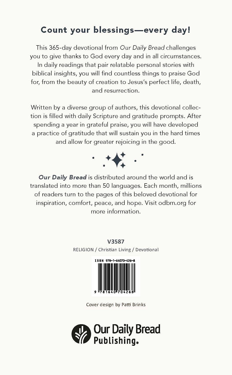 Bookstore temporary back cover of  'Count Your Blessings: 365-Day Devotional" book from Our Daily Bread Ministries, featuring a text summary and logo