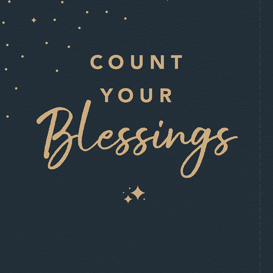Book cover for 'Count Your Blessings: 365-Day Devotional" from Our Daily Bread Ministries on a dark blue background with gold stars and lettering