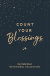 Book cover for 'Count Your Blessings: 365-Day Devotional" from Our Daily Bread Ministries on a dark blue background with gold stars and lettering