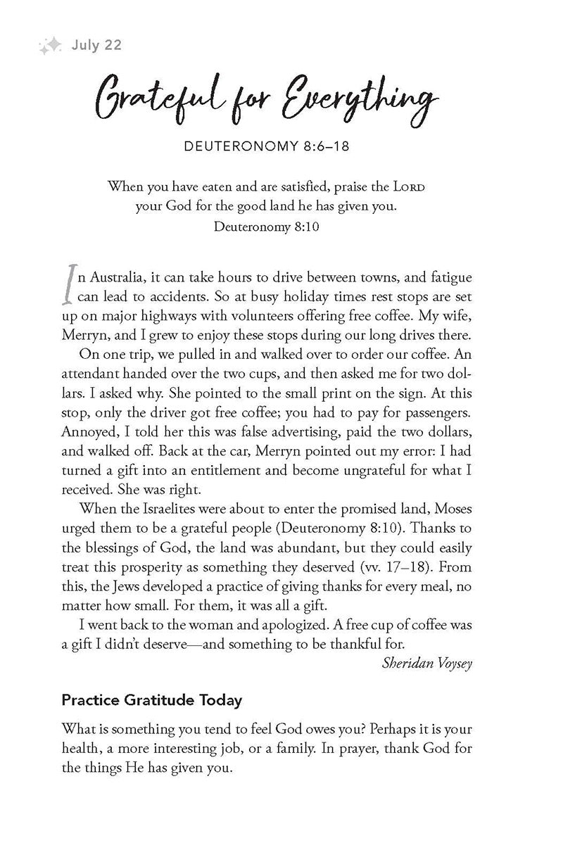 Devotional from July 22 entitled Grateful for Everything in  'Count Your Blessings: 365-Day Devotional" book from Our Daily Bread Ministries