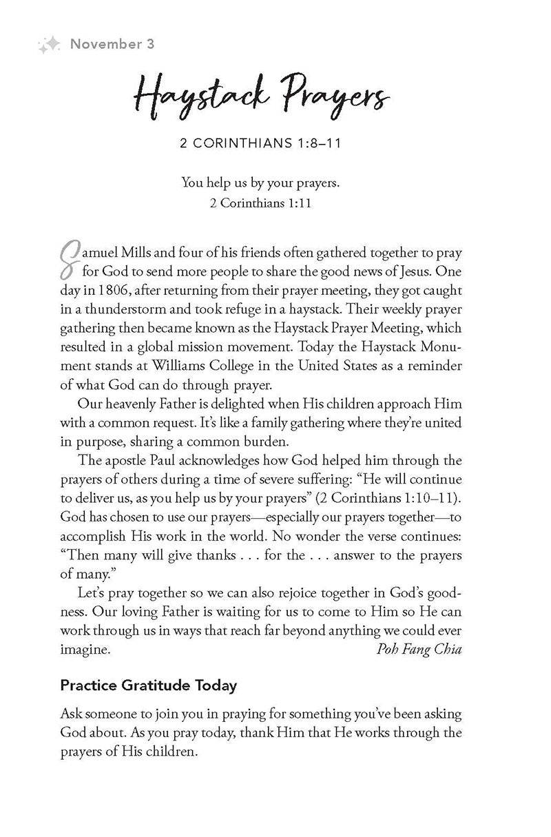 Devotional from November 3 entitled Haystack Prayers in 'Count Your Blessings: 365-Day Devotional" book from Our Daily Bread Ministries