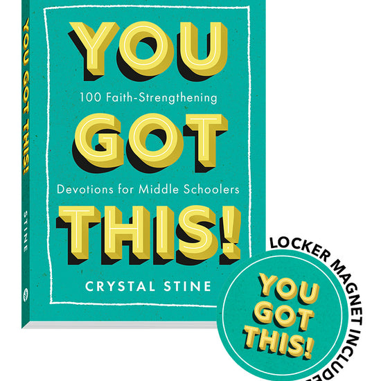 Book titled 'You Got This!' by Crystal Stine for middle schoolers, with a teal cover and yellow text, featuring an image of an accompanying magnet product that is sold with the kit