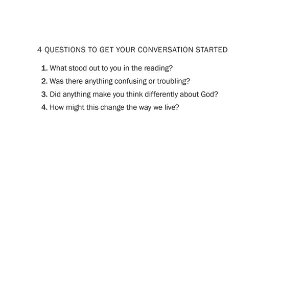 Text on a white background with four questions to get a conversation started as readers go through 'Hebrews & James' from 'Immerse: The Reading Bible Journals'