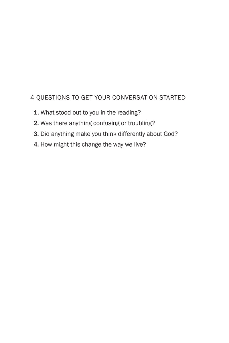 Text on a white background with four questions to get a conversation started as readers go through 'Hebrews & James' from 'Immerse: The Reading Bible Journals'