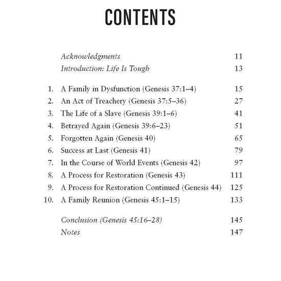Table of contents for' Joseph': Cultivating a Life of Dependence on God Bible study by Bill Crowder, featuring chapters such as A Family in Dysfunction and Forgotten again