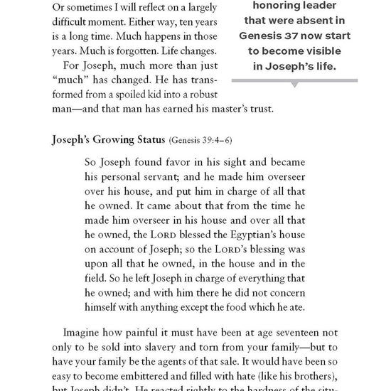 Book page with text on a white background about Joseph's life as a slave in Genesis in Chapter heading entitled Life of a Slave with Bible reference from Genesis in 'Joseph': Cultivating a Life of Dependence on God Bible study by Bill Crowder