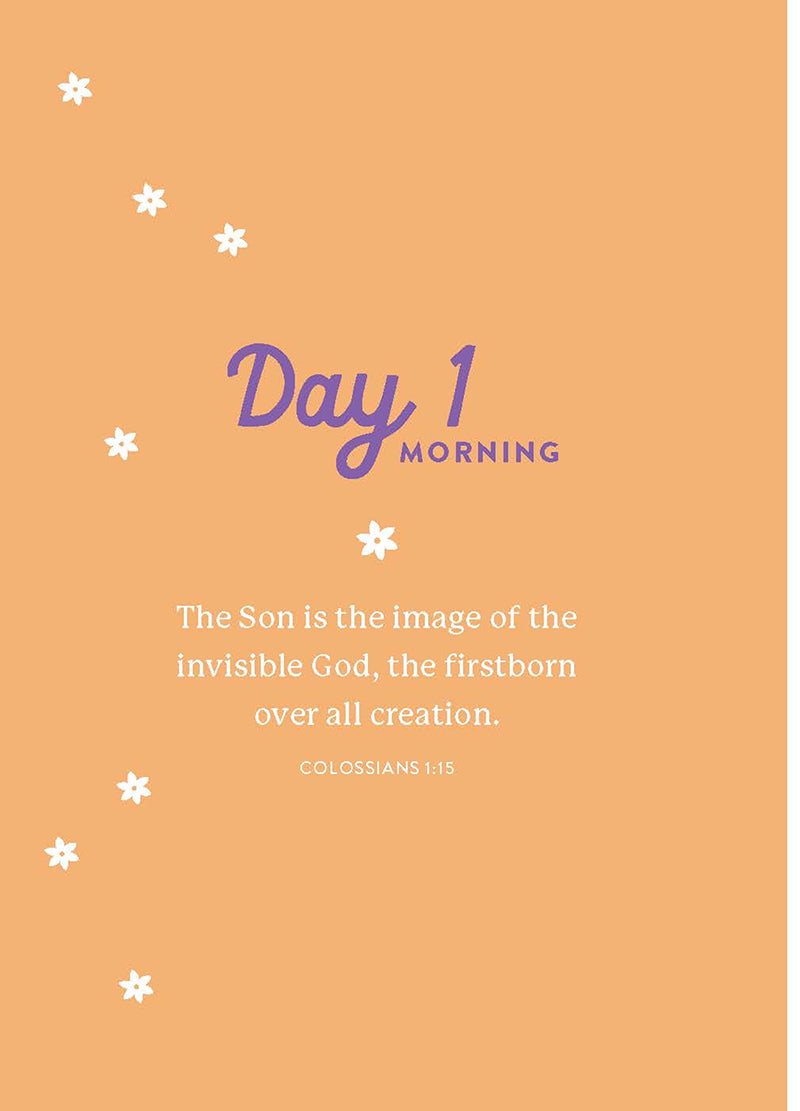 Mostly peachy orange page with small white flowers featuring the title Day 1: Morning with a Bible verse from A Joyful Easter devotional book by Our Daily Bread Publishing