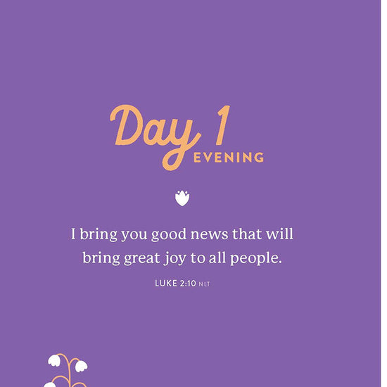 Mostly purple page with small white flowers featuring the title Day 1: Evening with a Bible verse from A Joyful Easter devotional book by Our Daily Bread Publishing