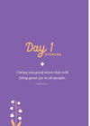 Mostly purple page with small white flowers featuring the title Day 1: Evening with a Bible verse from A Joyful Easter devotional book by Our Daily Bread Publishing