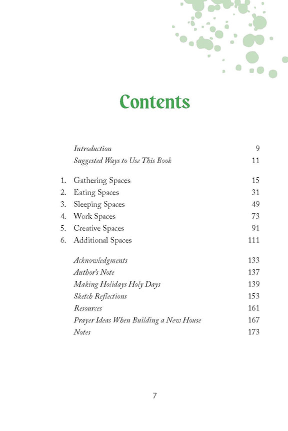 Table of contents from Making Room for God workbook by Cathy Baker which includes chapters such as Gathering Spaces, Eating Spaces, and Sleeping Spaces