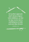 Green background with white text quoting Hebrews 4:16, inside an illustration of a home in the workbook Making Room for God by Cathy Baker