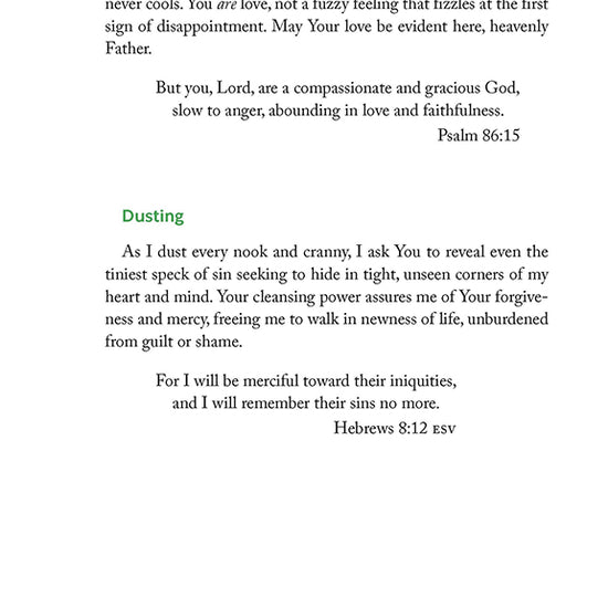 Text interior page from Chapter 1 Gathering Spaces in Making Room for God workbook by Cathy Baker that features prayers and Scripture for chores including arranging blankets and dusting