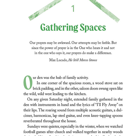 Chapter 1 Gathering Spaces in Making Room for God workbook by Cathy Baker, featuring a green illustration of a roof, a Max Lucado quote, and text