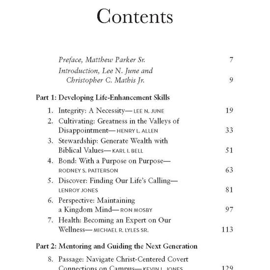 Table of contents page from Man to Man: African American Voices on Faith, Wisdom, and Perseverance book on a white background, featuring such chapters as Finding Our Life's Calling and Choosing Your Role Models Wisely