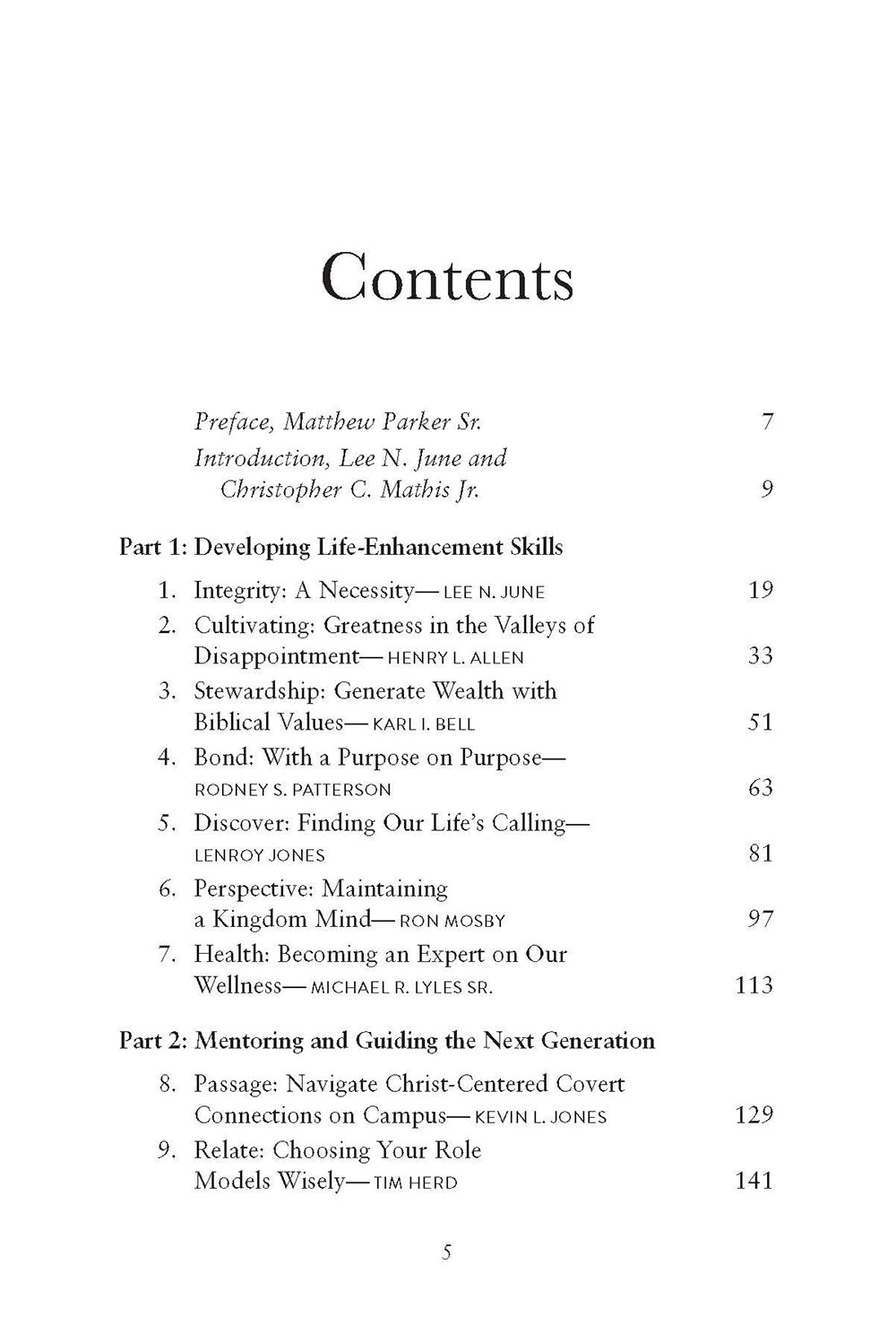 Table of contents page from Man to Man: African American Voices on Faith, Wisdom, and Perseverance book on a white background, featuring such chapters as Finding Our Life's Calling and Choosing Your Role Models Wisely
