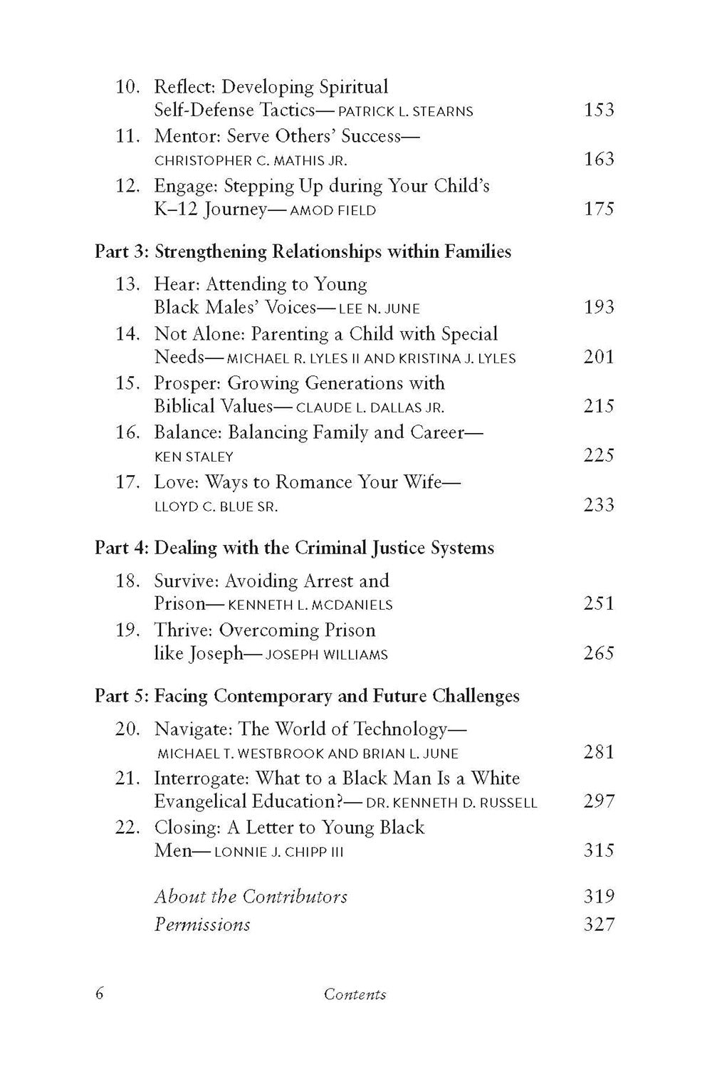 Table of contents page from Man to Man: African American Voices on Faith, Wisdom, and Perseverance book on a white background, featuring such chapters as Mentor and Serve Others' Success and Ways to Romance Your Wife