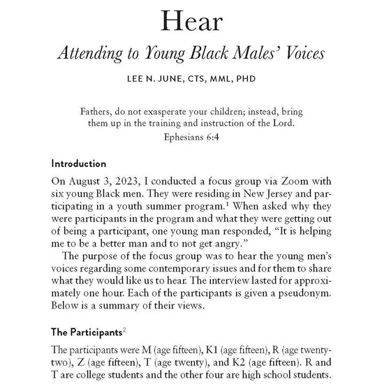Text on "Attending to Young Black Males Voices" from Man to Man: African American Voices on Faith, Wisdom, and Perseverance book on a white background