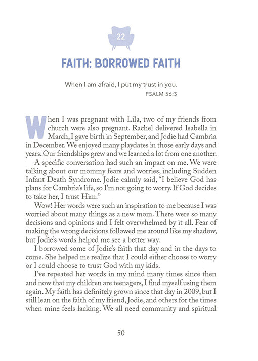 Chapter 22 entitled Faith: Borrowed Faith and a blue chair icon on a white background in Two-Minute Timeouts for New Moms book by Andrea Fortenberry
