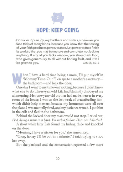 Chapter 2 entitled Hope: Keep Going and a blue chair icon on a white background in Two-Minute Timeouts for New Moms book by Andrea Fortenberry