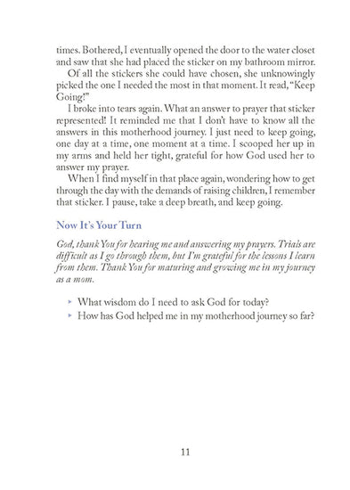 Text on a white background with a prayer and action prompts at the bottom in Two-Minute Timeouts for New Moms book by Andrea Fortenberry
