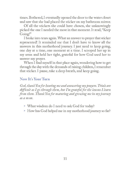 Text on a white background with a prayer and action prompts at the bottom in Two-Minute Timeouts for New Moms book by Andrea Fortenberry