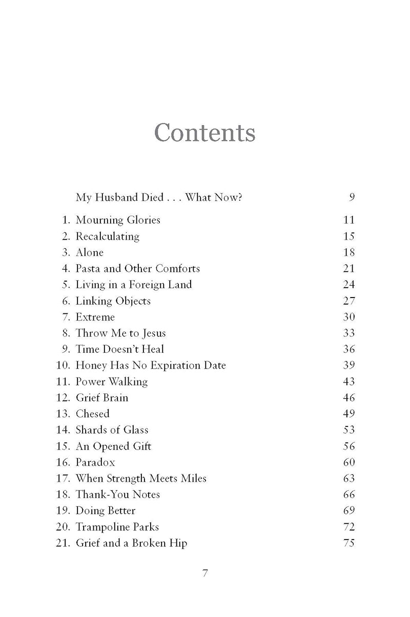 Table of contents for 'mourning glories' by Marilyn Nutter and published by Our Daily Bread Publishing, featuring chapters such as "alone" and "time doesn't heal"