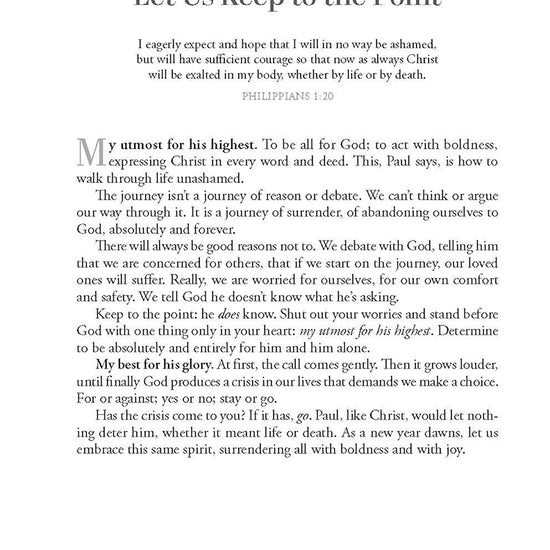 January 1 devotional from My Utmost For His Highest book by Oswald Chambers entitled Let Us Keep to the Point