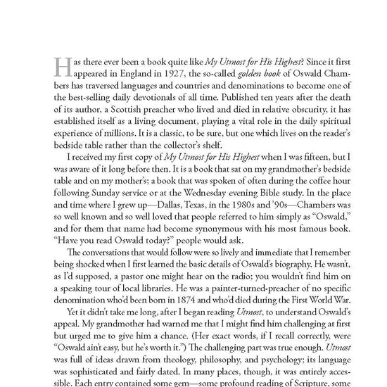 Book page featuring text of the preface for My Utmost For His Highest book by Oswald Chambers on a white background