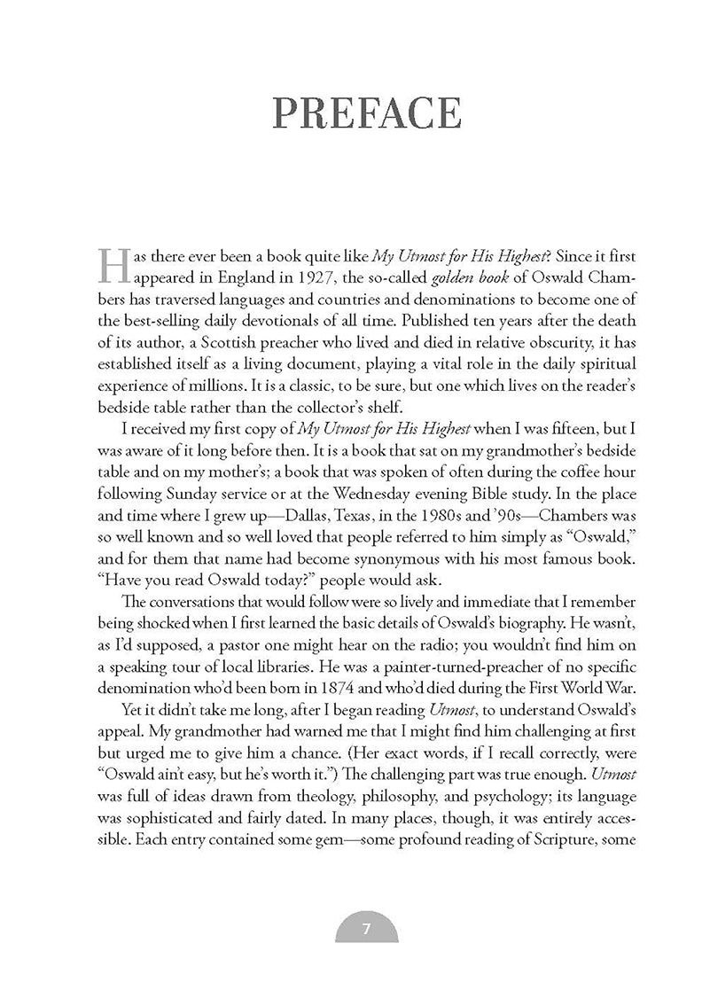 Book page featuring text of the preface for My Utmost For His Highest book by Oswald Chambers on a white background