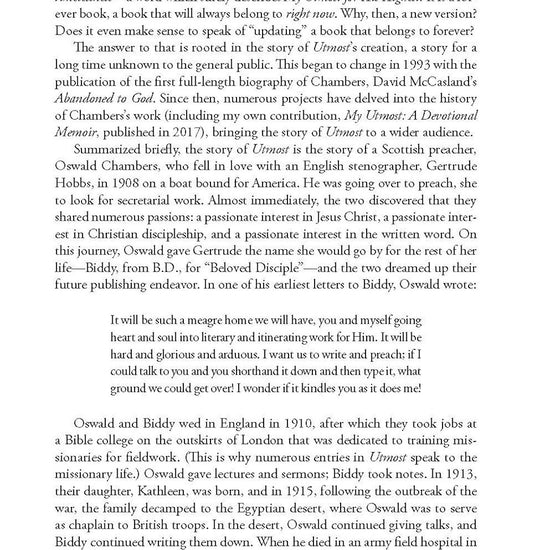 Book page featuring more text of the preface of My Utmost For His Highest book by Oswald Chambers on a white background