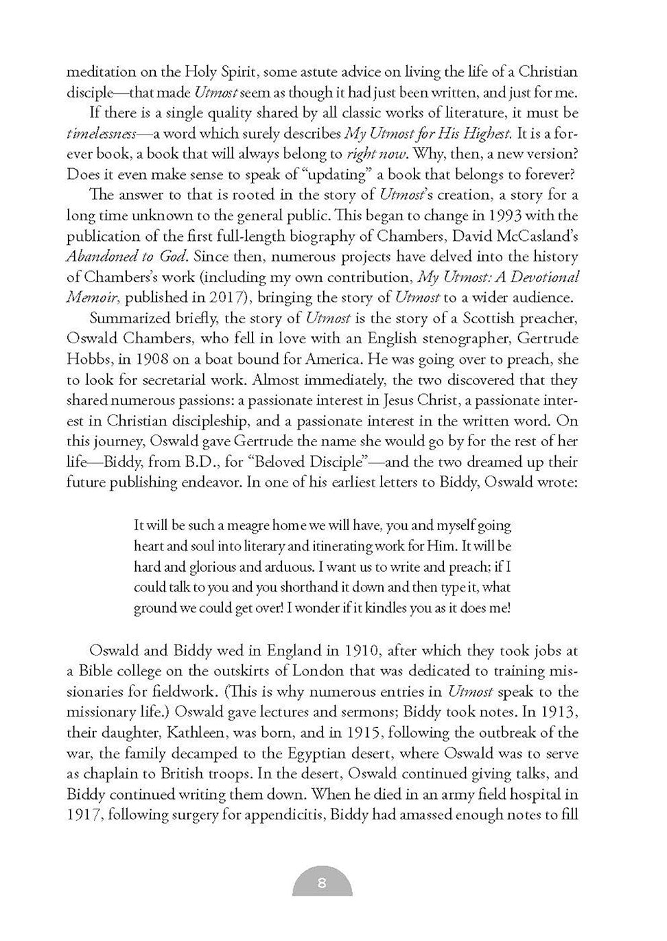 Book page featuring more text of the preface of My Utmost For His Highest book by Oswald Chambers on a white background