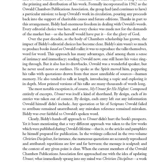 Book page featuring text of the preface of My Utmost For His Highest book by Oswald Chambers on a white background