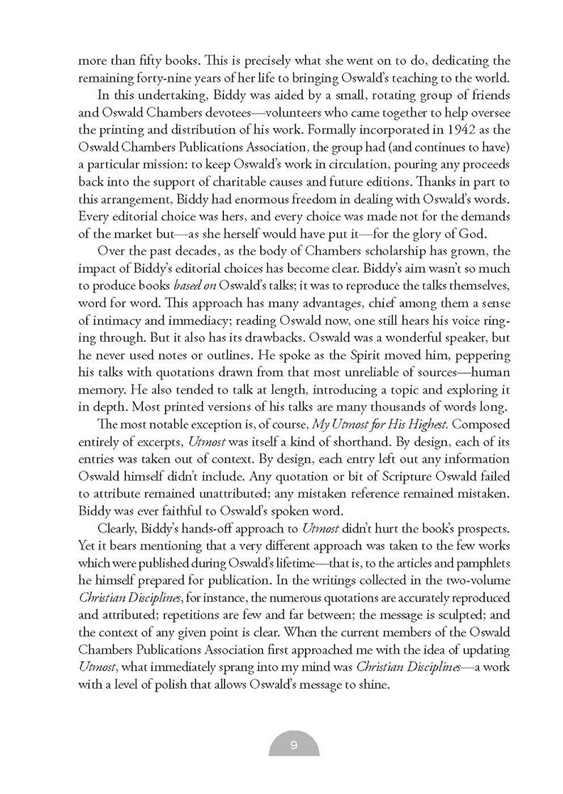 Book page featuring text of the preface of My Utmost For His Highest book by Oswald Chambers on a white background