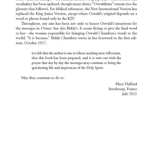 Book page featuring last page of text of the preface of My Utmost For His Highest by Oswald Chambers on a white background, signed by Macy Halford in France in July 2022