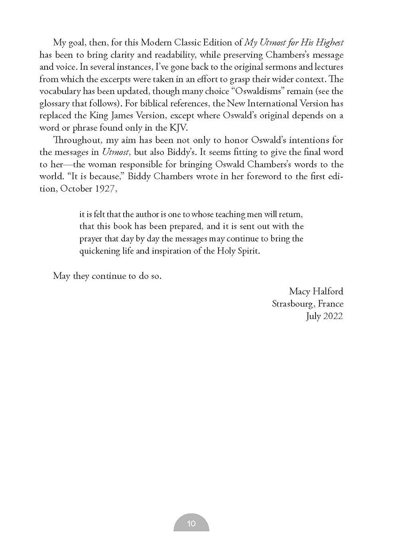 Book page featuring last page of text of the preface of My Utmost For His Highest by Oswald Chambers on a white background, signed by Macy Halford in France in July 2022