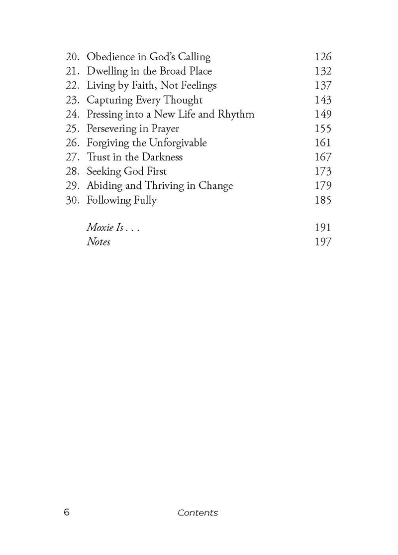 Table of contents for 'Praying into a More Resilient Faith' by Susan Sorensen published by Our Daily Bread Publishing, featuring such titles as "Living by Faith, Not Feelings" on a white background