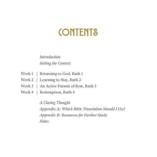 Table of contents for 'Ruth: Finding Grace in the Unexpected' from the Tend Your Soul Bible Study Series by Mariel Davenport, with a white background and gold text.