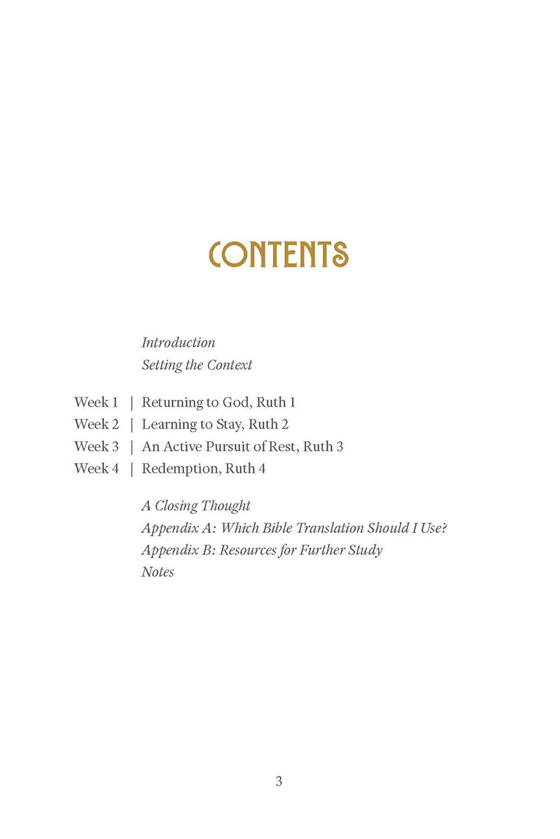 Table of contents for 'Ruth: Finding Grace in the Unexpected' from the Tend Your Soul Bible Study Series by Mariel Davenport, with a white background and gold text.
