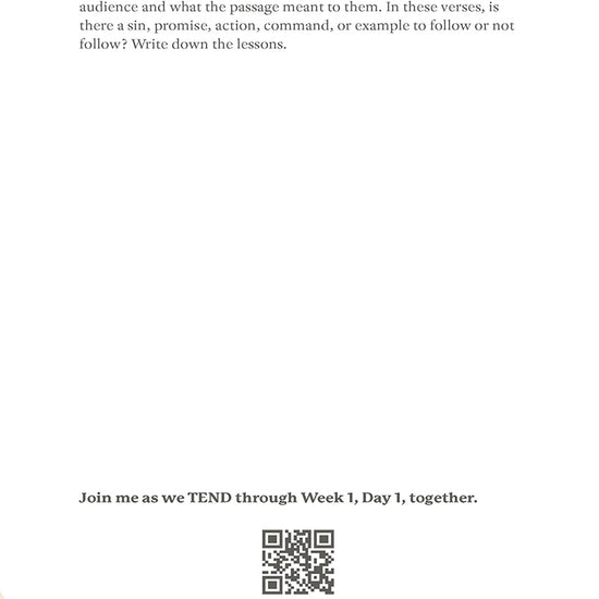 Text-based image with a QR code and text instructions to notice the lessons on a white background from 'Ruth: Finding Grace in the Unexpected' in the Tend Your Soul Bible Study Series by Mariel Davenport