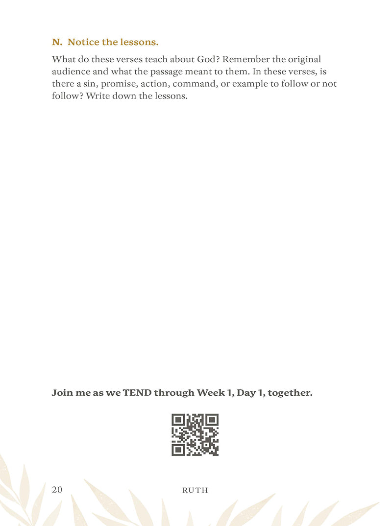 Text-based image with a QR code and text instructions to notice the lessons on a white background from 'Ruth: Finding Grace in the Unexpected' in the Tend Your Soul Bible Study Series by Mariel Davenport