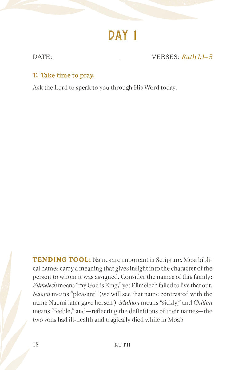 Text about Day 1 and taking time to pray from 'Ruth: Finding Grace in the Unexpected' in the Tend Your Soul Bible Study Series by Mariel Davenport