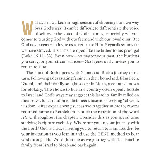 Book page with text about returning to God, Ruth 1, on a white background from 'Ruth: Finding Grace in the Unexpected' in the Tend Your Soul Bible Study Series by Mariel Davenport