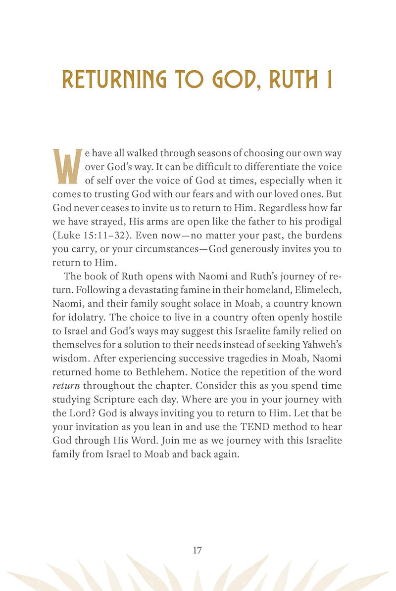 Book page with text about returning to God, Ruth 1, on a white background from 'Ruth: Finding Grace in the Unexpected' in the Tend Your Soul Bible Study Series by Mariel Davenport