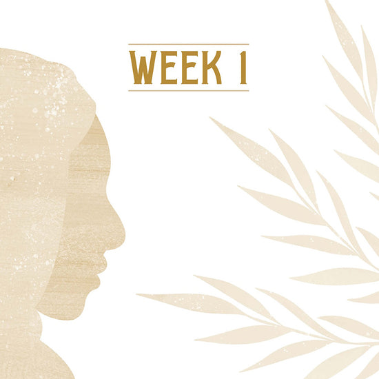 Silhouette of a face with 'Week 1' text and leaf design on a light background from 'Ruth: Finding Grace in the Unexpected' book in the Tend Your Soul Bible Study Series by Mariel Davenport