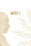Silhouette of a face with 'Week 1' text and leaf design on a light background from 'Ruth: Finding Grace in the Unexpected' book in the Tend Your Soul Bible Study Series by Mariel Davenport